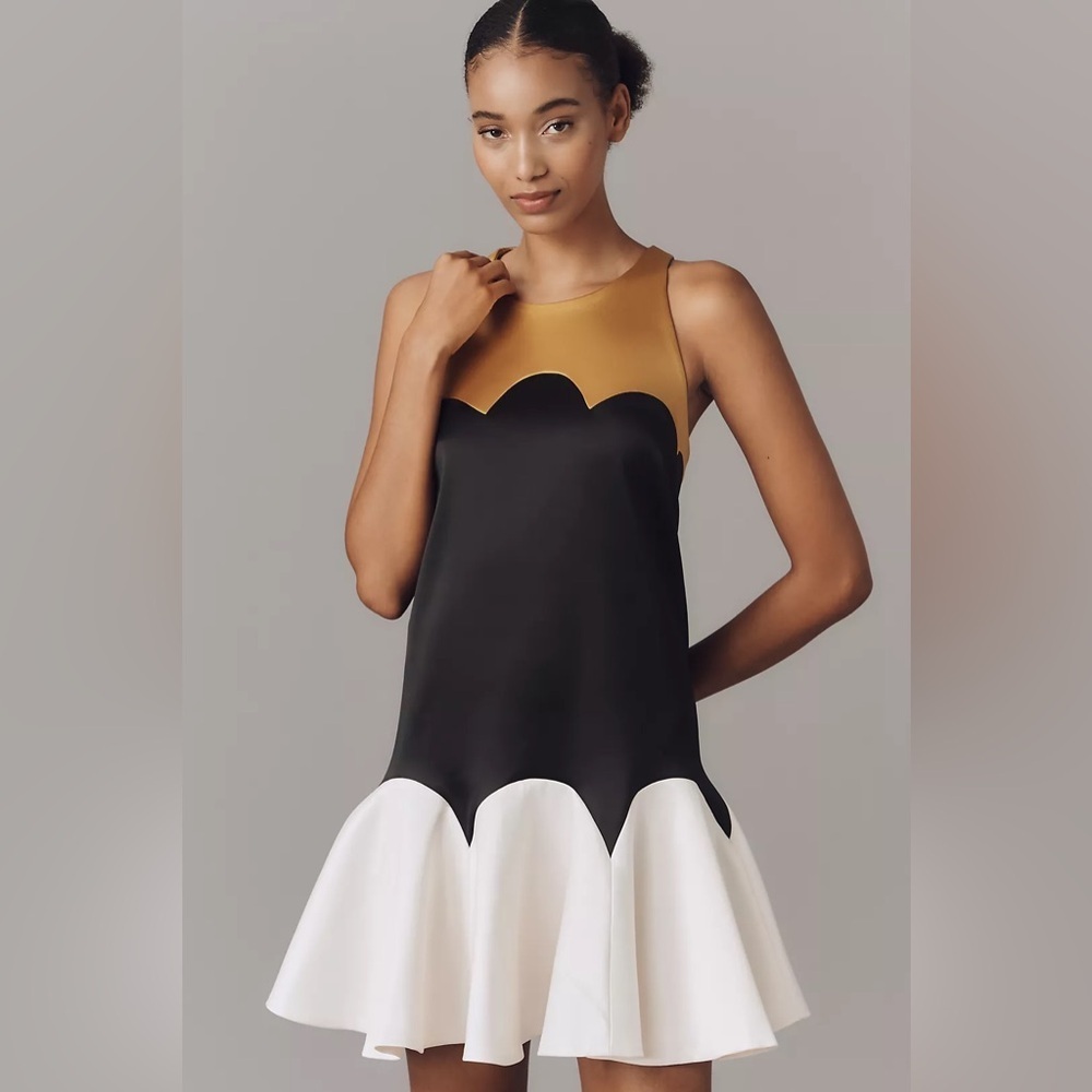 Maeve Scalloped Flare Mini Dress-sold at Anthropologie-White, Black & Gold-NWT